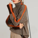 Women's high-neck chevron sweater with contrast sleeve panels