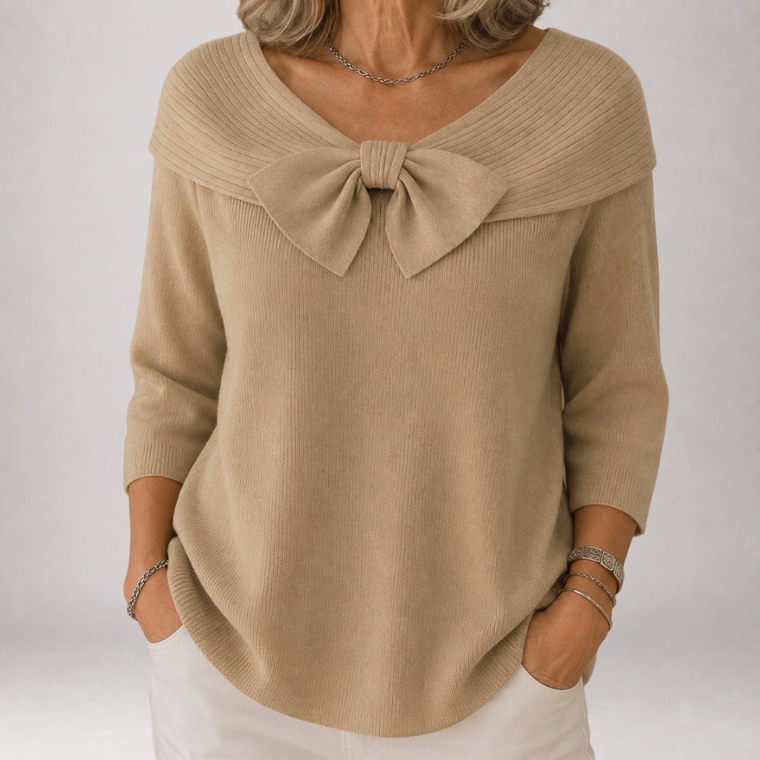 Women's sand jumper with a wide neckline and front bow