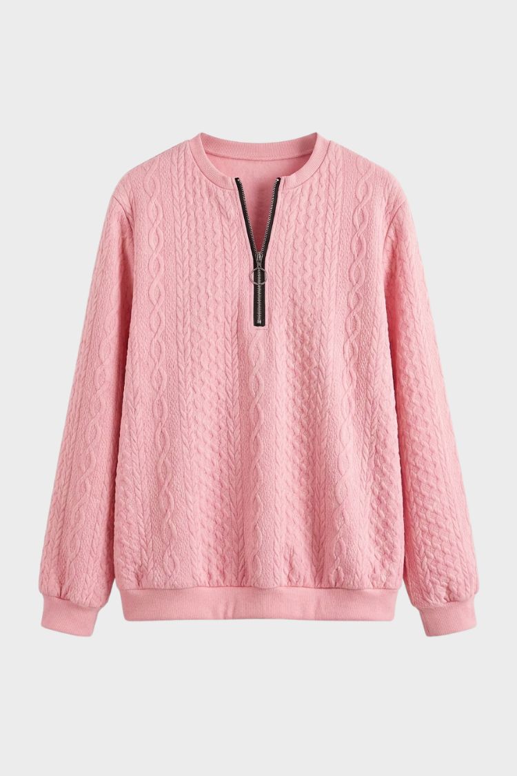 Women's textured zip neck jumper with long sleeves and ribbed trims