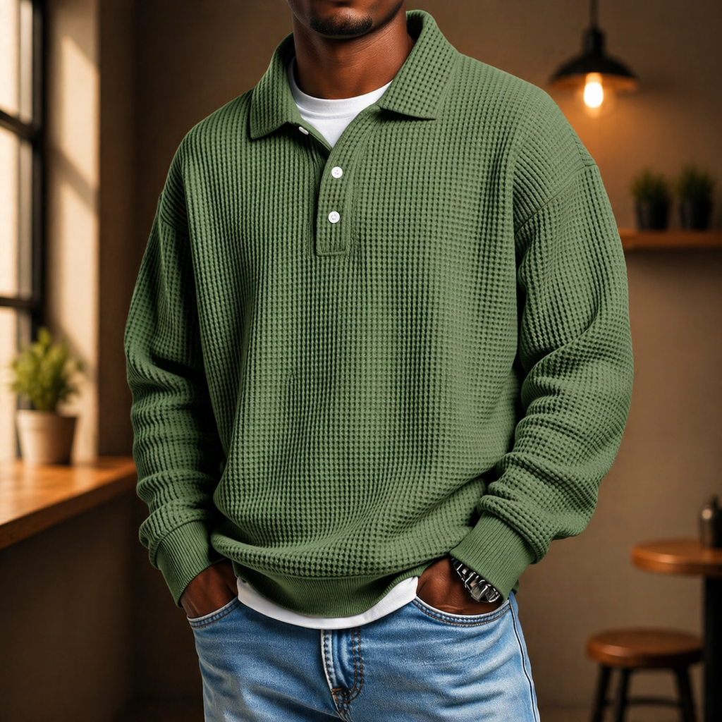 Men's textured long-sleeve polo knit sweater with button placket