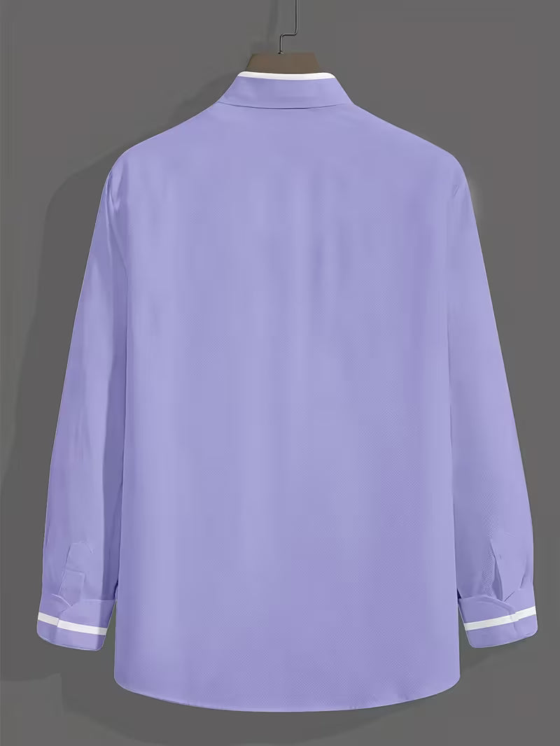 Men's long-sleeve grandad collar shirt with contrast cuff and chest pocket trims