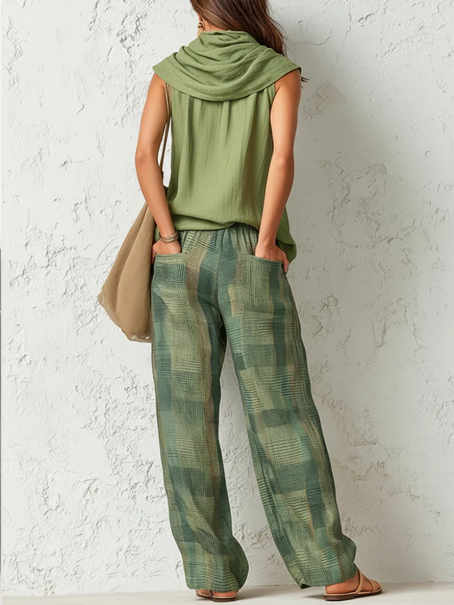 Women's green plaid high-waisted wide-leg trousers
