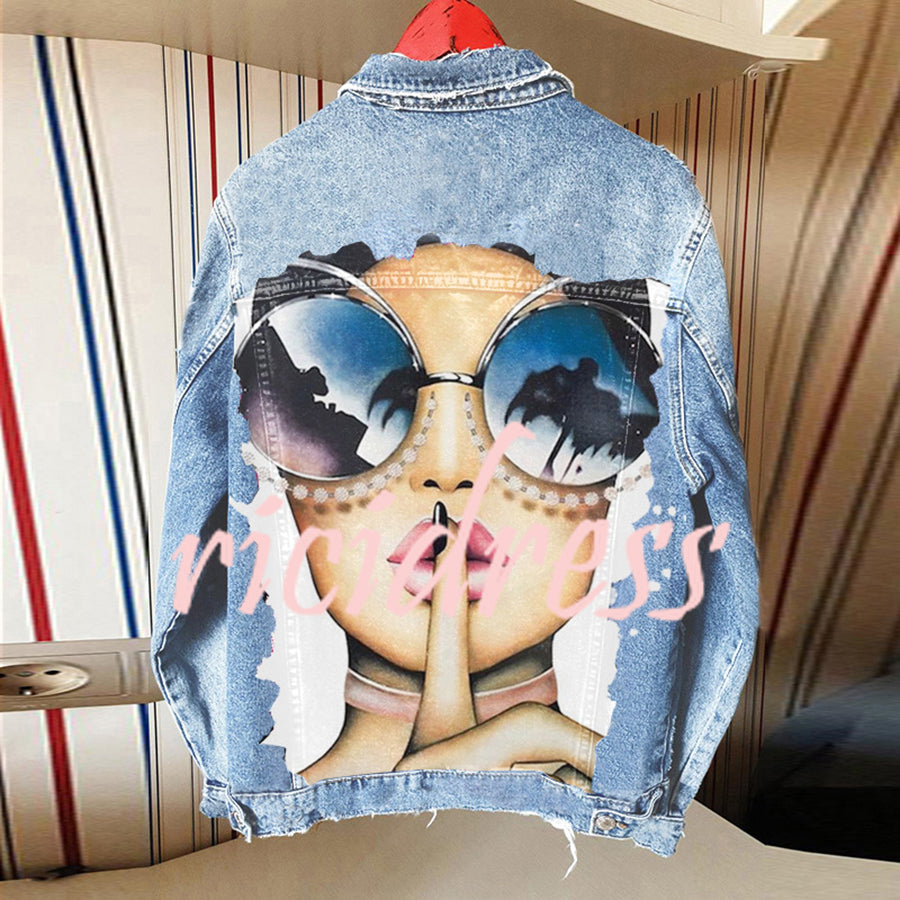Women's printed denim jacket with portrait graphic and distressed details