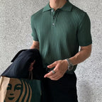 Men's ribbed knit polo shirt with short sleeves and button placket