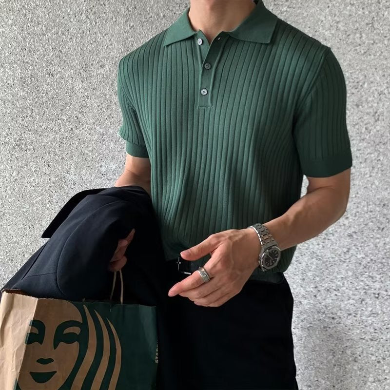 Men's ribbed knit polo shirt with short sleeves and button placket