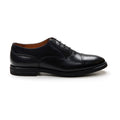 Men's black lace-up Oxford shoe with almond toe and low heel