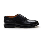 Men's black lace-up Oxford shoe with almond toe and low heel