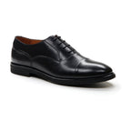 Men's black lace-up Oxford shoe with almond toe and low heel