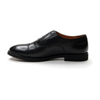 Men's black lace-up Oxford shoe with almond toe and low heel