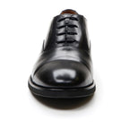 Men's black lace-up Oxford shoe with almond toe and low heel