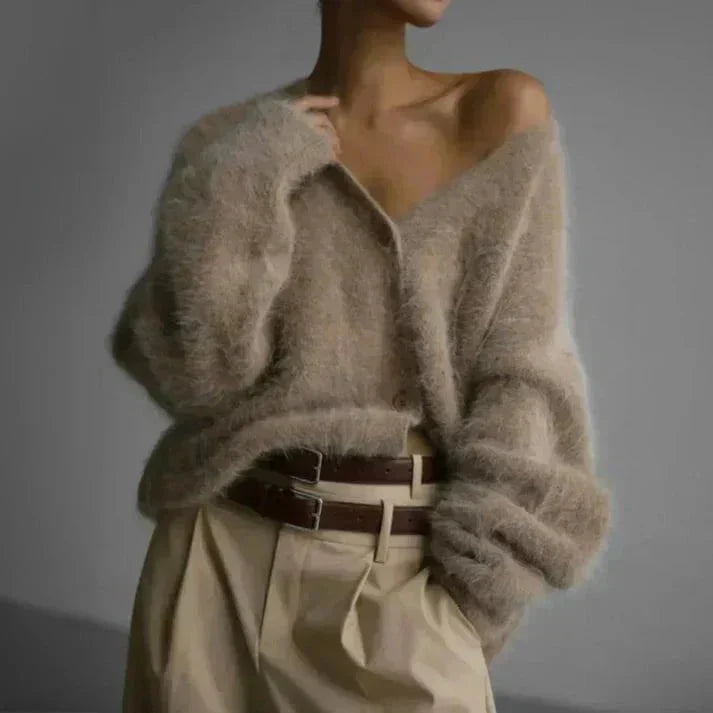 Women's textured V-neck knit cardigan with button front
