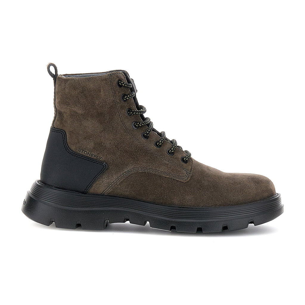 Dark brown mid-height lace-up combat boots with black sole
