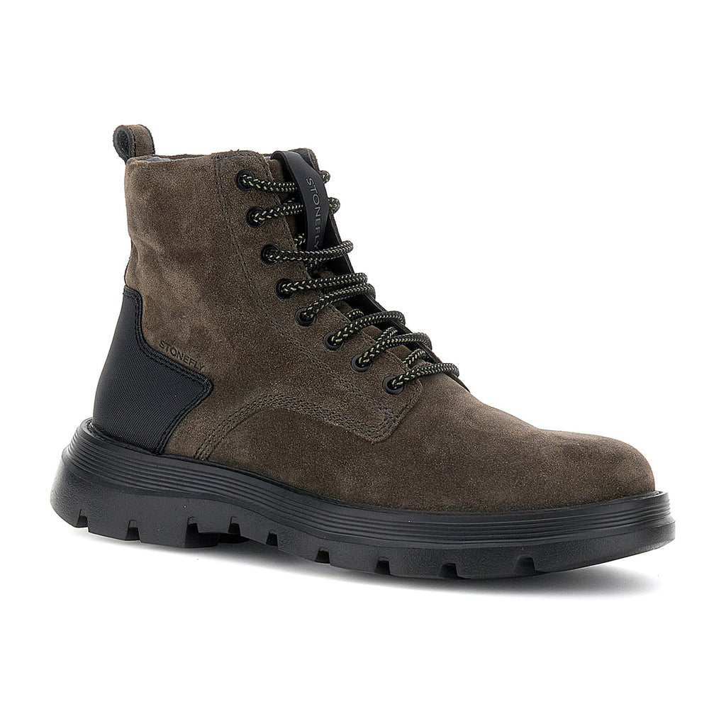 Dark brown mid-height lace-up combat boots with black sole