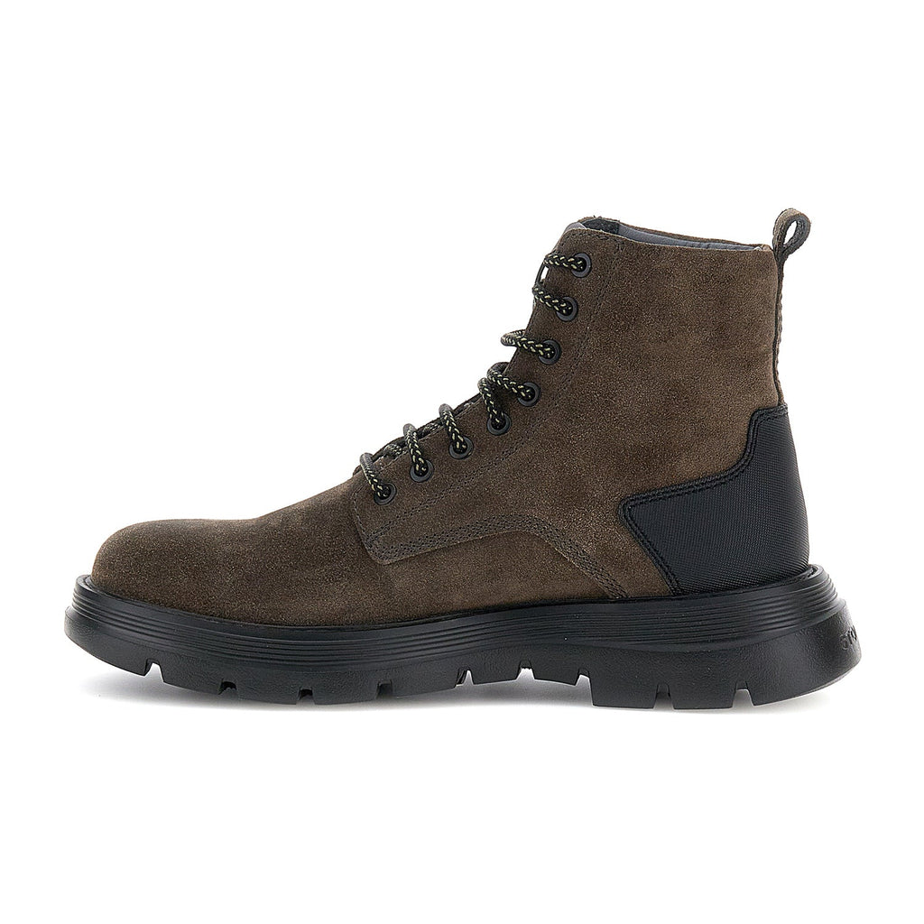 Dark brown mid-height lace-up combat boots with black sole