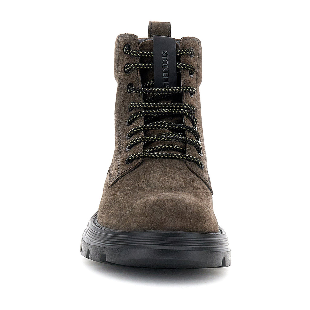 Dark brown mid-height lace-up combat boots with black sole