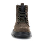 Dark brown mid-height lace-up combat boots with black sole