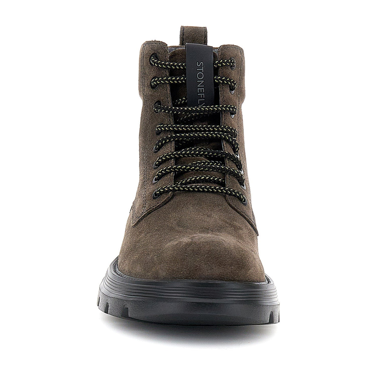 Dark brown mid-height lace-up combat boots with black sole