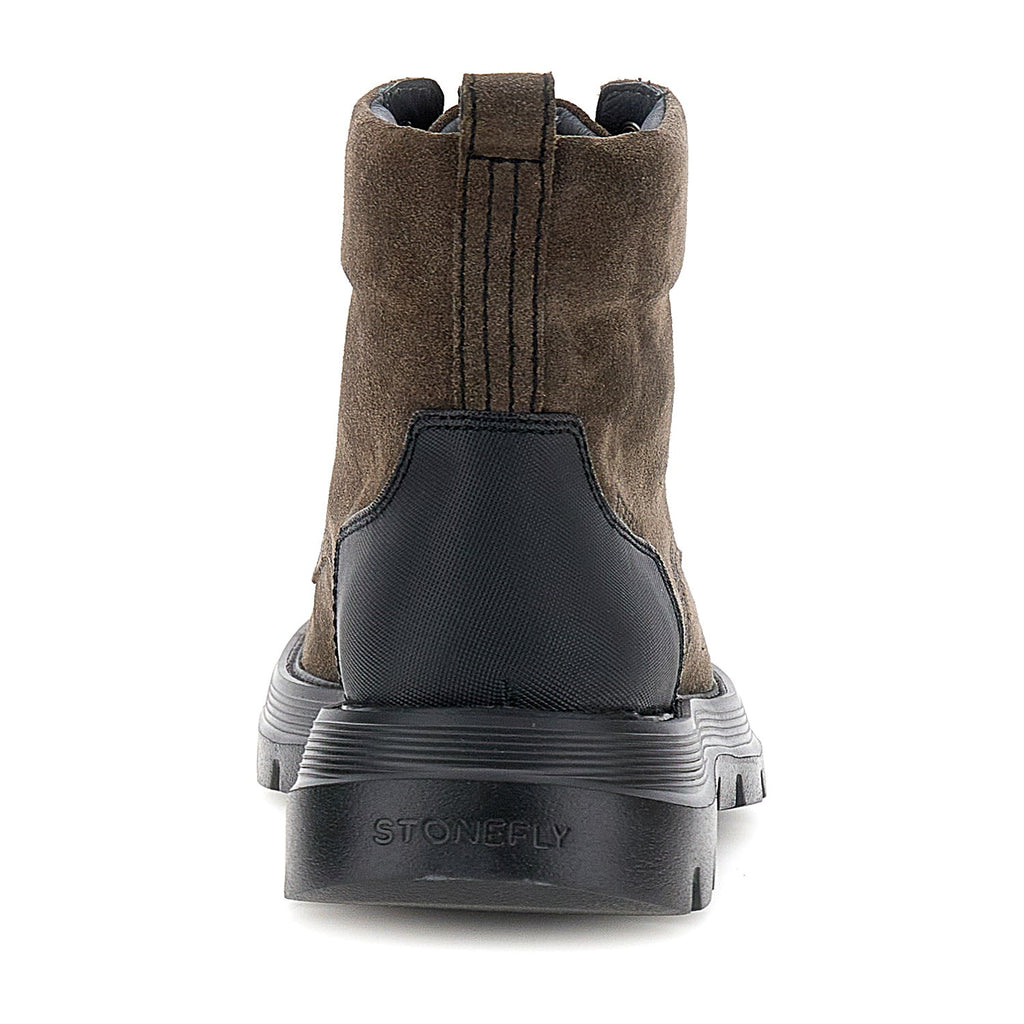 Dark brown mid-height lace-up combat boots with black sole