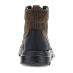 Dark brown mid-height lace-up combat boots with black sole