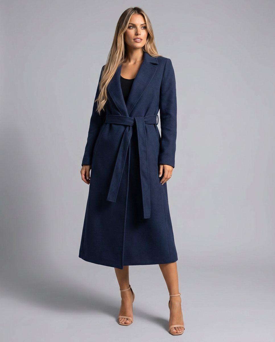 Women's navy longline wrap coat with notched lapels and tie belt