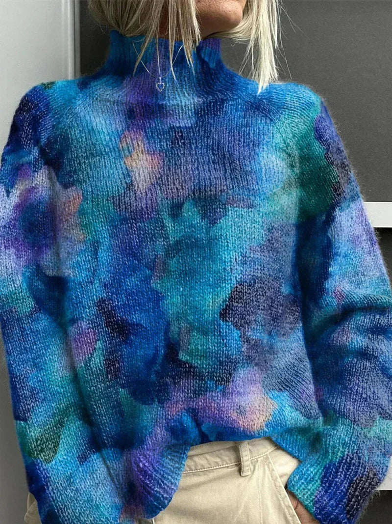 Women's long-sleeve printed turtleneck sweater with ribbed trims