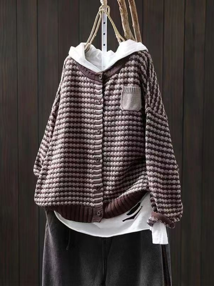Women's textured knit cardigan with button front and chest patch pocket