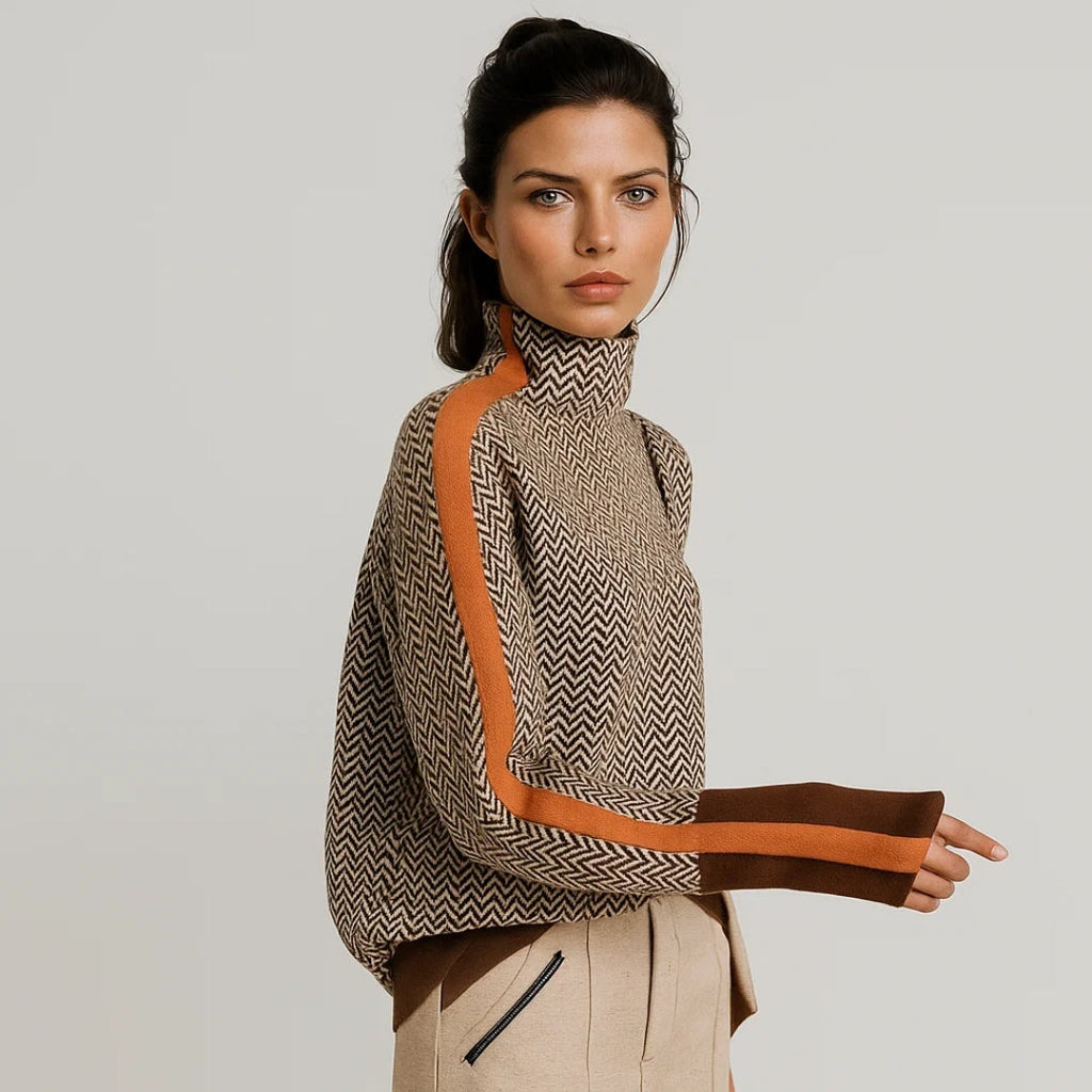 Women's high-neck chevron sweater with contrast sleeve panels