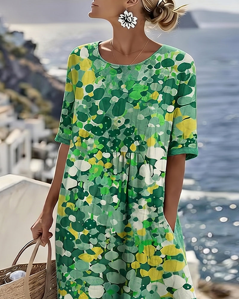 Women's multicolour floral print midi dress with round neck and 3/4 sleeves