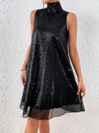 Women's sleeveless sequin mock neck mini dress with A-line shape