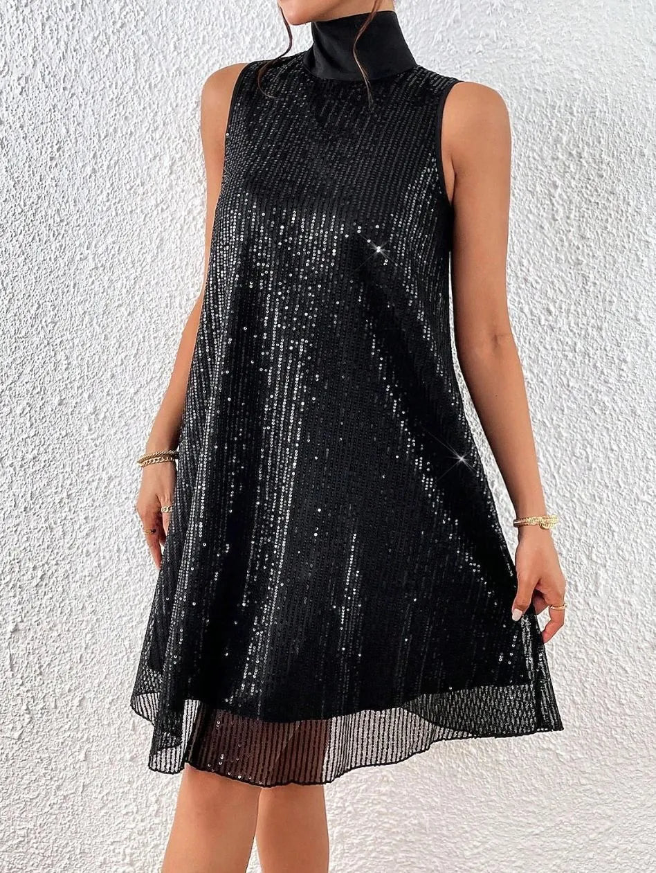 Women's sleeveless sequin mock neck mini dress with A-line shape