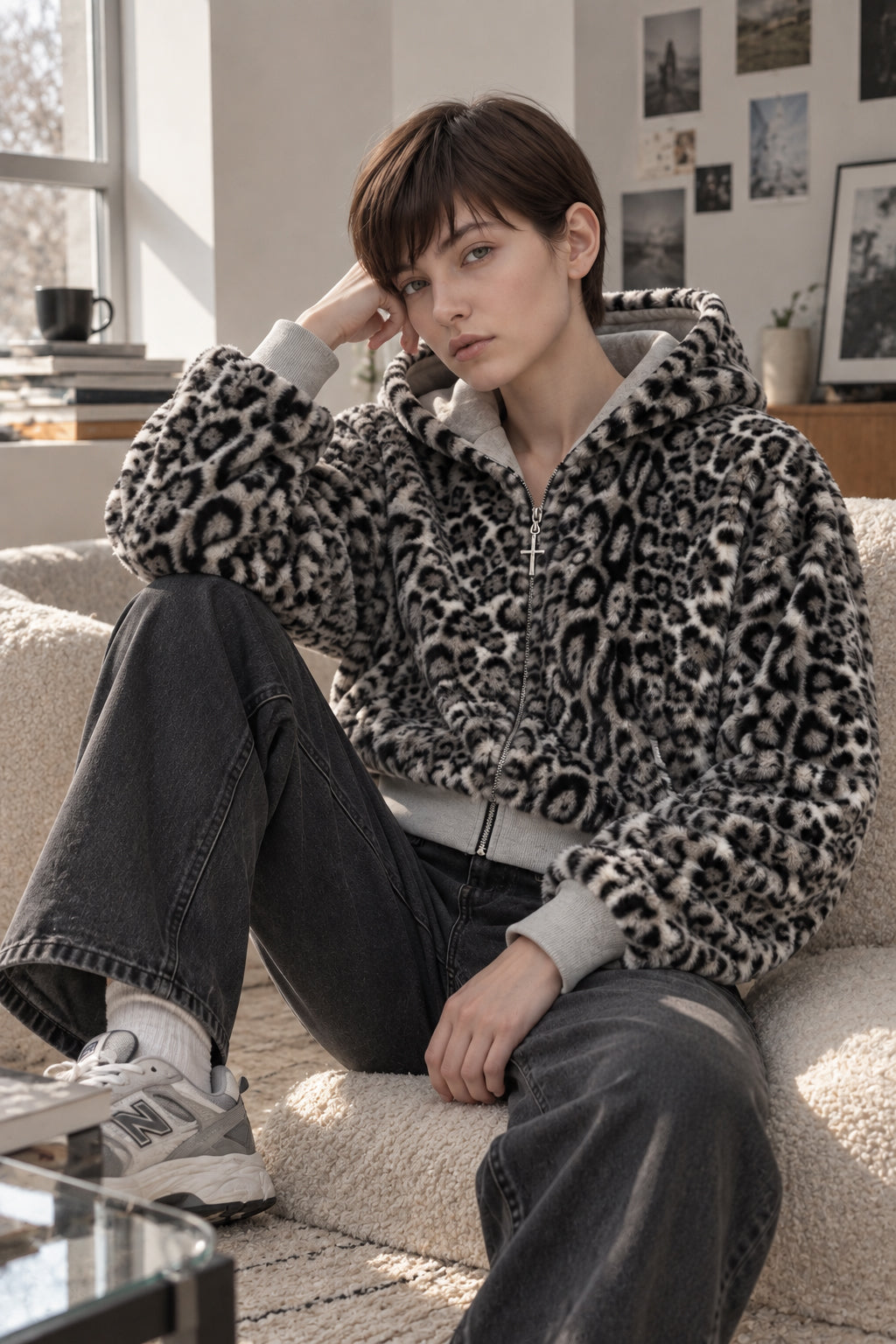 Women's reversible leopard print zip hoodie with hood and front pockets