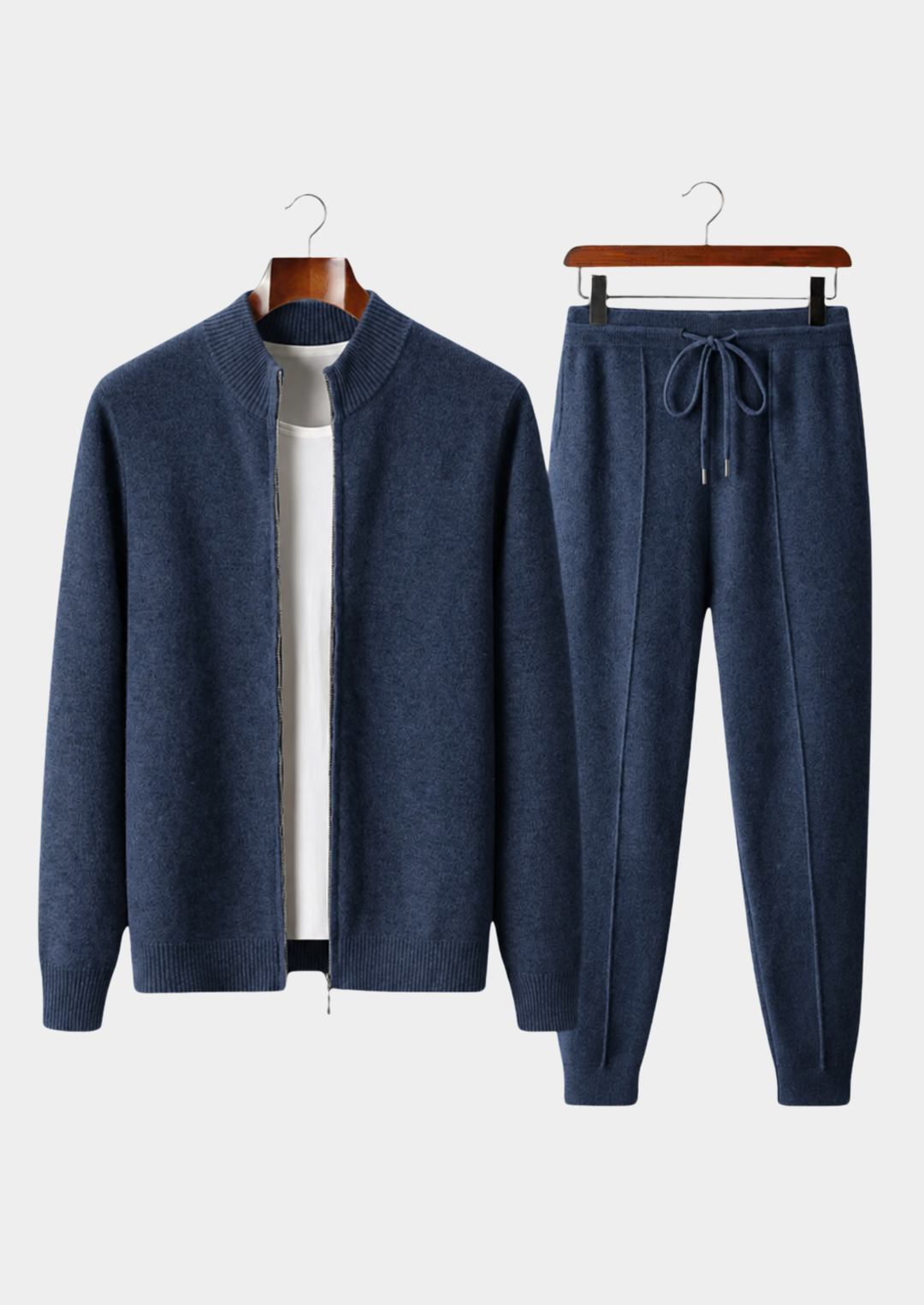 Men's navy fine knit tracksuit set with a zip jacket and drawstring trousers