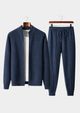 Men's navy fine knit tracksuit set with a zip jacket and drawstring trousers