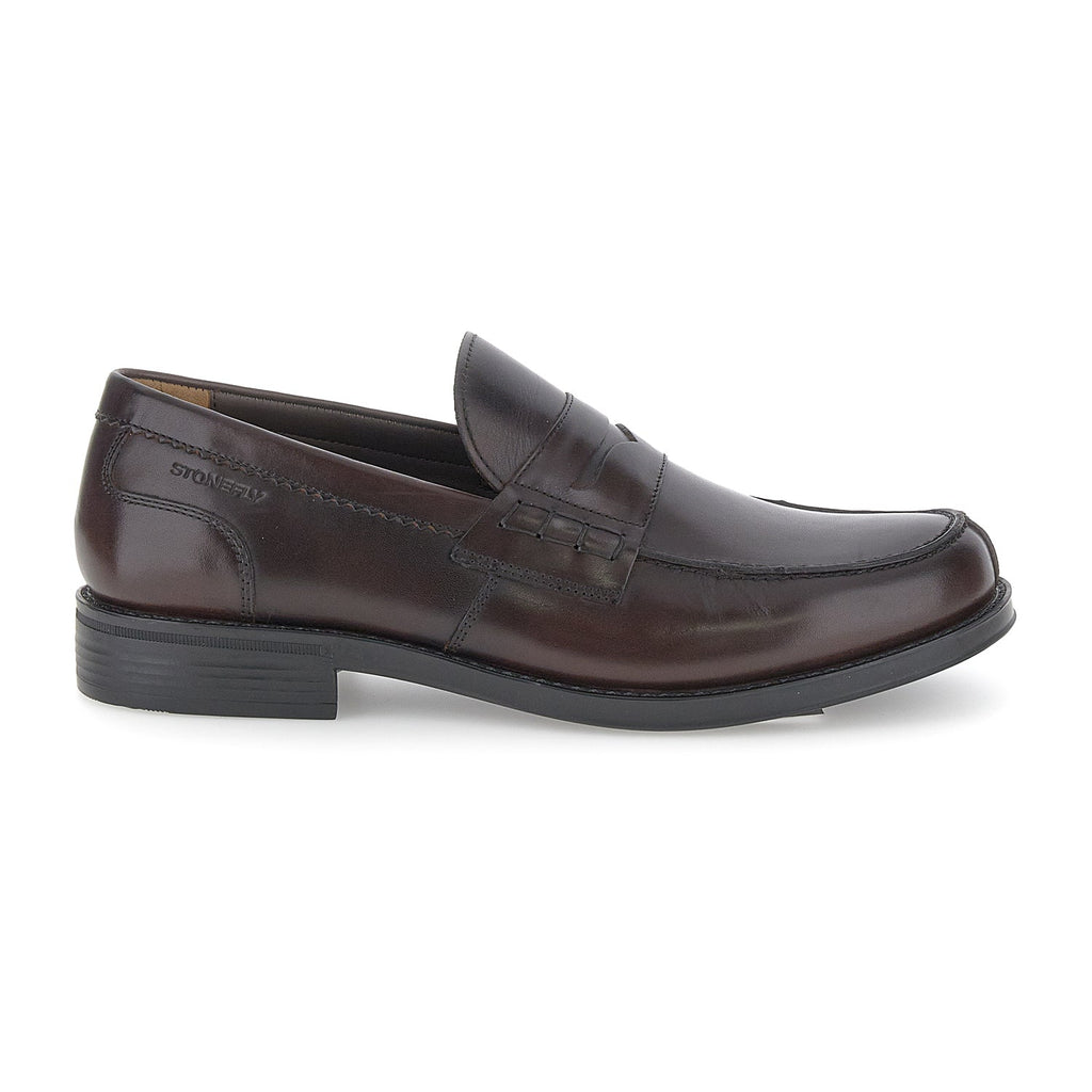Men's dark brown penny loafers with square toes and low black heels