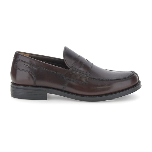 Men's dark brown penny loafers with square toes and low black heels