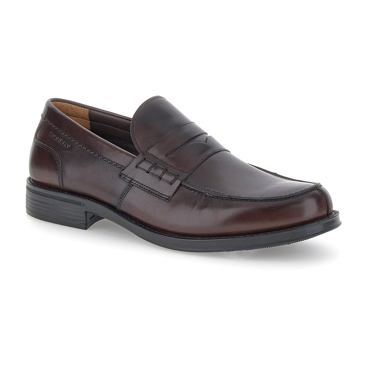 Men's dark brown penny loafers with square toes and low black heels