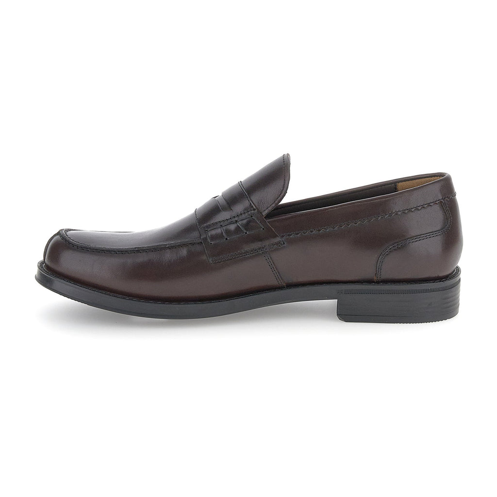 Men's dark brown penny loafers with square toes and low black heels