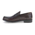 Men's dark brown penny loafers with square toes and low black heels