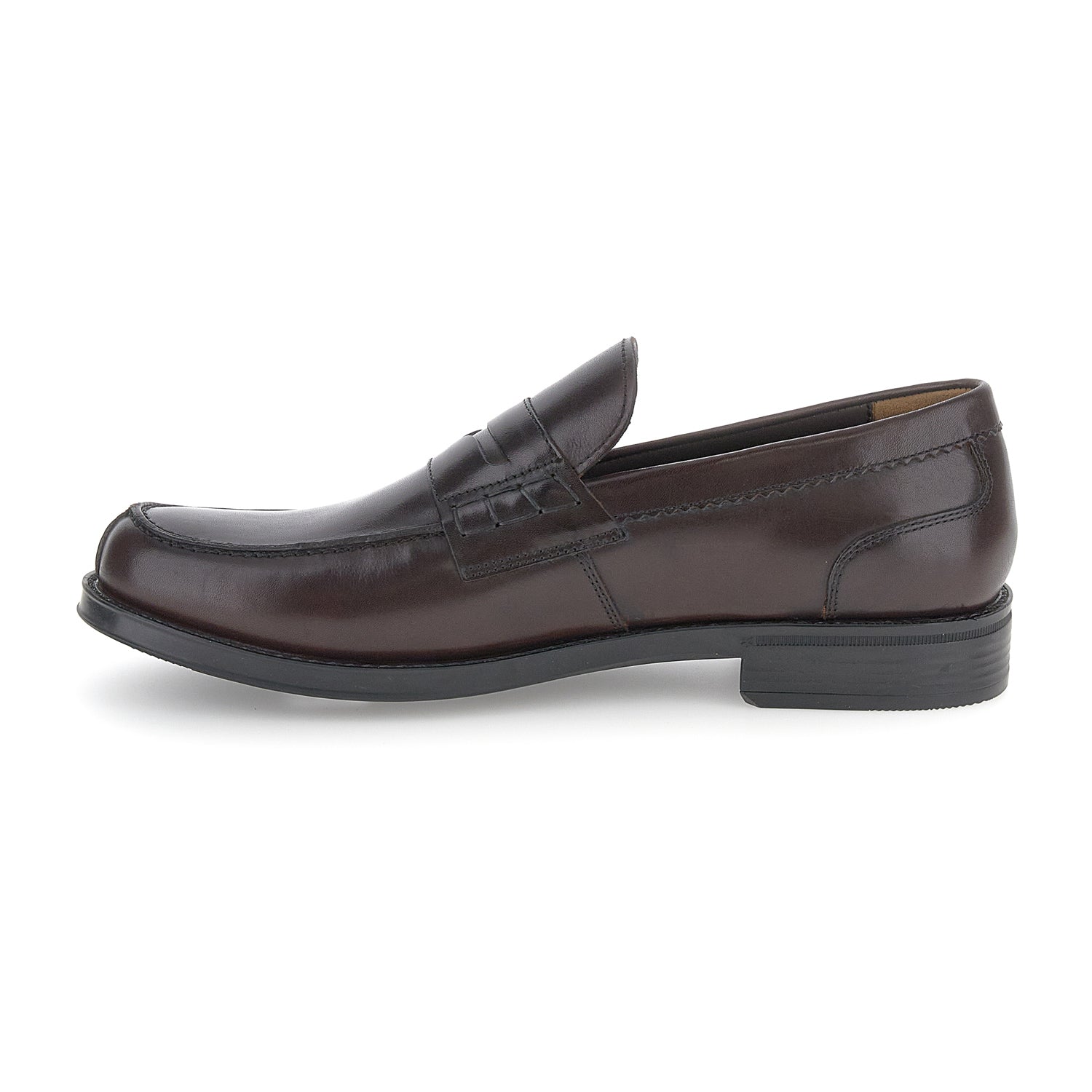 Men's dark brown penny loafers with square toes and low black heels