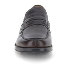 Men's dark brown penny loafers with square toes and low black heels