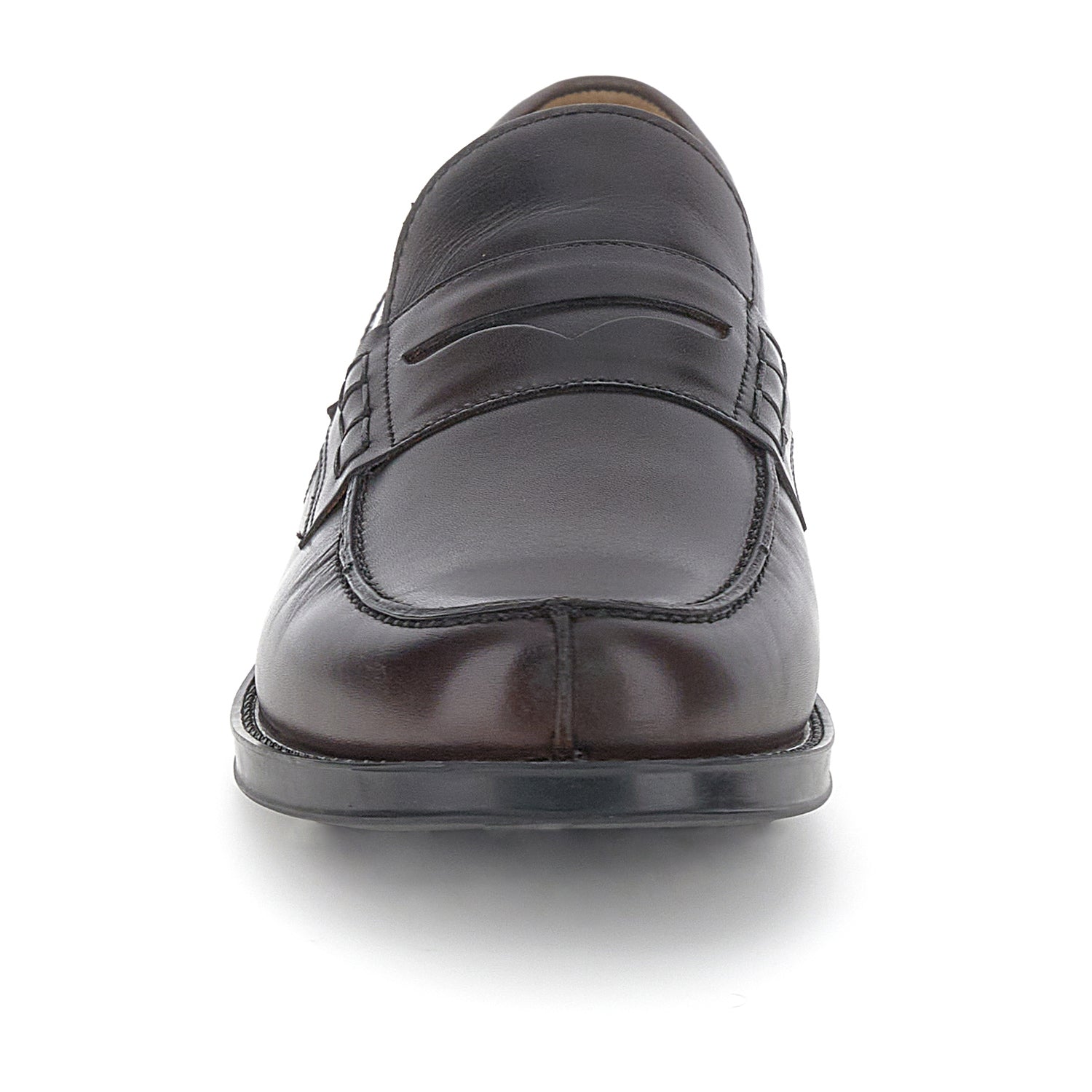 Men's dark brown penny loafers with square toes and low black heels