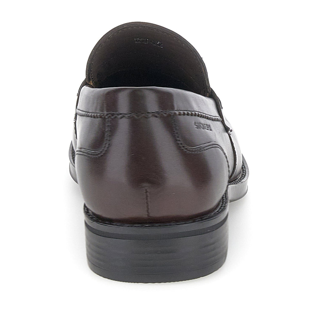 Men's dark brown penny loafers with square toes and low black heels