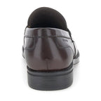 Men's dark brown penny loafers with square toes and low black heels