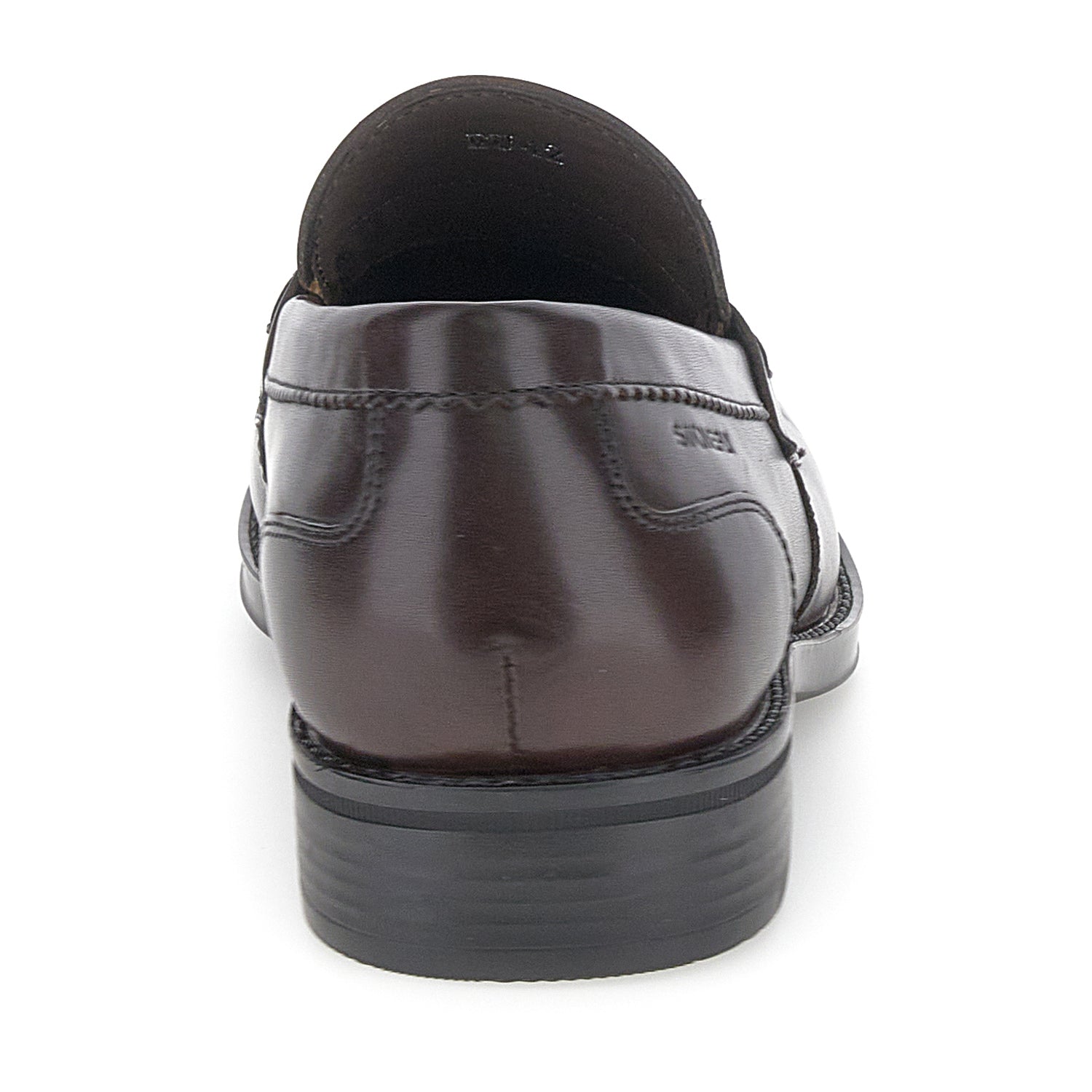 Men's dark brown penny loafers with square toes and low black heels