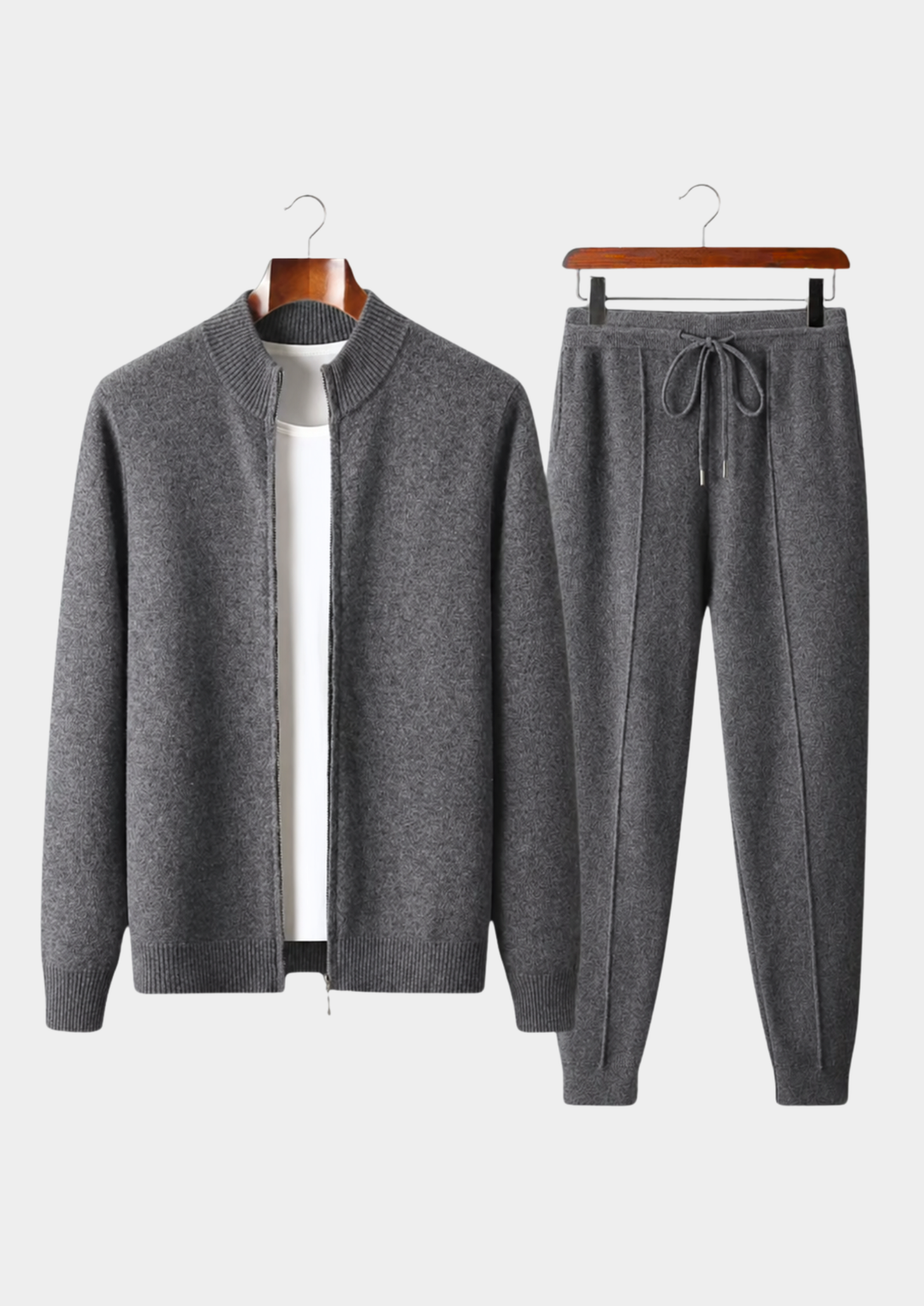 Men's dark grey fine knit tracksuit set with a zip jacket and drawstring trousers