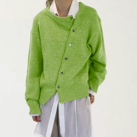 Women's knit cardigan with diagonal button front and long sleeves