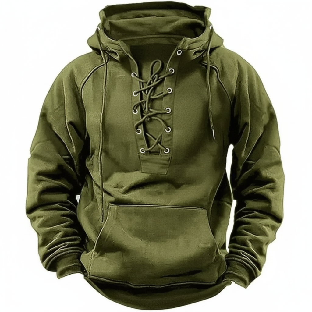 Men's lace-up hooded sweatshirt with long sleeves and kangaroo pocket