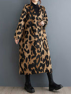 Women's brown leopard longline coat with buttons and patch pockets