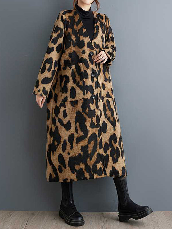 Women's brown leopard longline coat with buttons and patch pockets