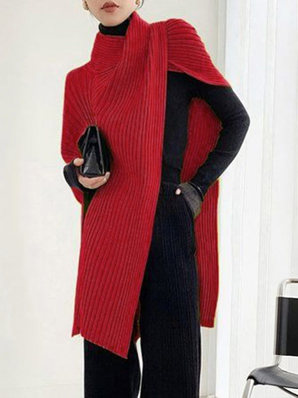 Women's ribbed high neck sweater with an asymmetric split front
